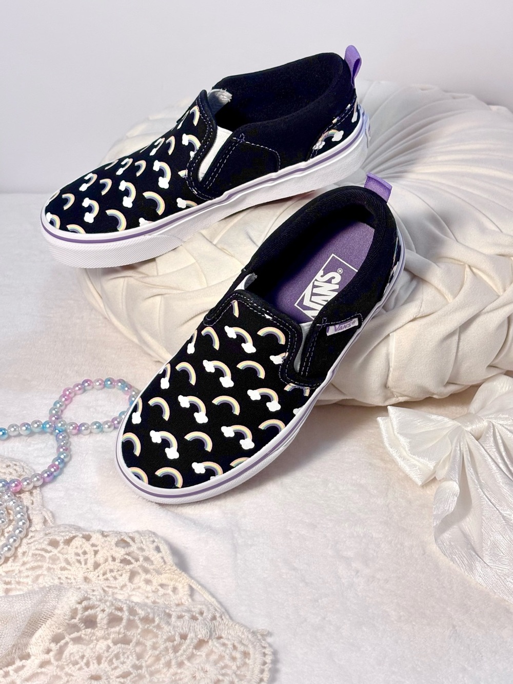 NWOT Vans Rainbow Cloud Slip‑Ons | Youth 1.0 | Lavender Trim